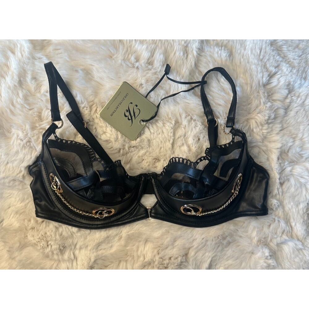 Honey Birdette CLAIRE🖤 Black & Gold Faux Leather Bra 32D - Picture 2 of 5
